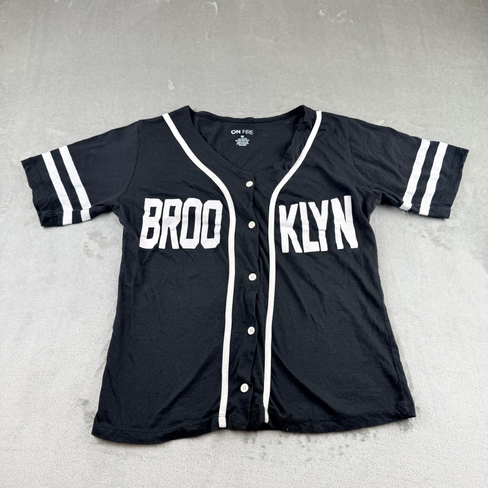 On Fire Brooklyn Baseball Jersey Shirt Men's M Black White Button Down Cotton